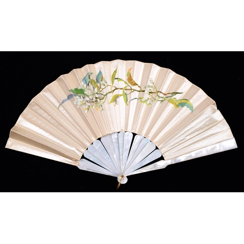 579 - Two French mother of pearl fans, c1900, the silk or gauze leaf painted with flowers, one signed with... 