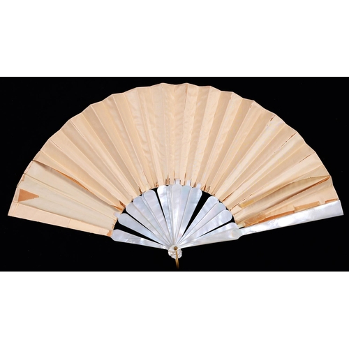 579 - Two French mother of pearl fans, c1900, the silk or gauze leaf painted with flowers, one signed with... 