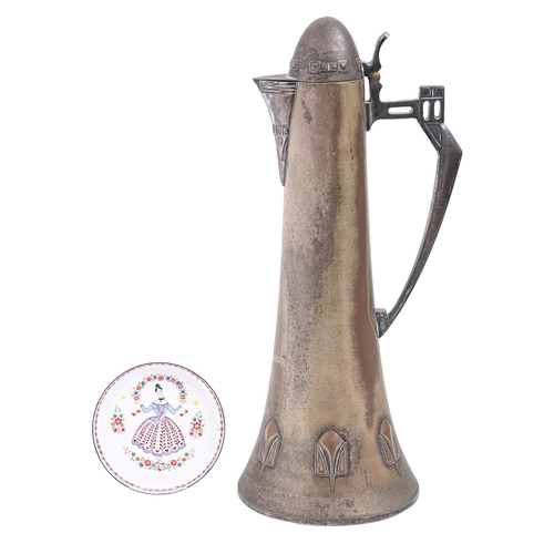 584 - A WMF Jugendstil plated claret jug, c1905, 32.5cm h, maker's mark and a Viennese painted enamel pin ... 