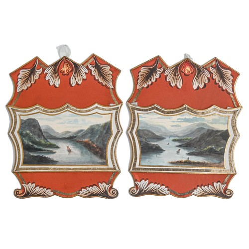 577 - A pair of early Victorian polychrome cloth faced hand screens,  inset with varnished prints of child... 