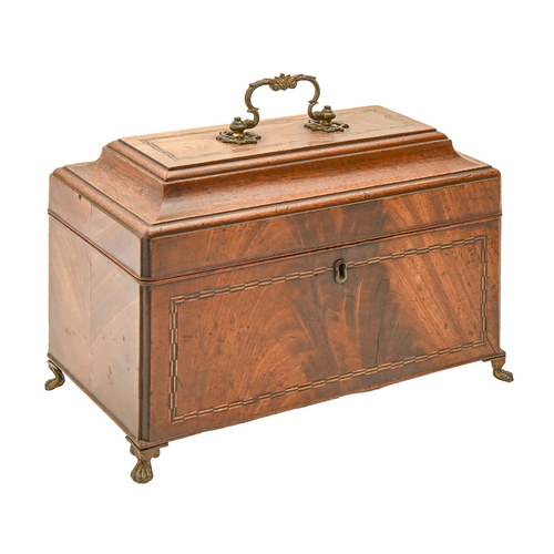 583 - A George III sabicu, mahogany and broken line inlaid tea chest, with moulded cavetto lid, brass hand... 