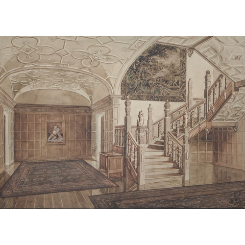 814 - Jose Arthur Gerald Stone (1894-1917) - Interior of a 16th Century English Staircase Hall, signed wit... 