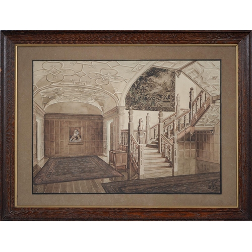 814 - Jose Arthur Gerald Stone (1894-1917) - Interior of a 16th Century English Staircase Hall, signed wit... 