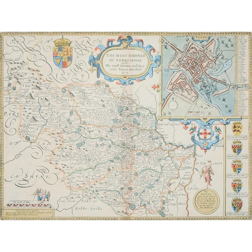 820 - John Speed - The West Riding of Yorkshire, c1676, double page engraved map, coloured, 41 x 53.5cm, e... 