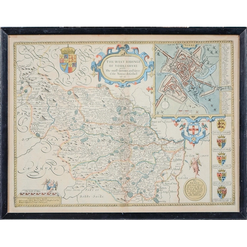 820 - John Speed - The West Riding of Yorkshire, c1676, double page engraved map, coloured, 41 x 53.5cm, e... 