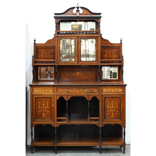 844 - A Victorian rosewood and inlaid side cabinet, c1890, the upper part with swan neck pediment, bevelle... 