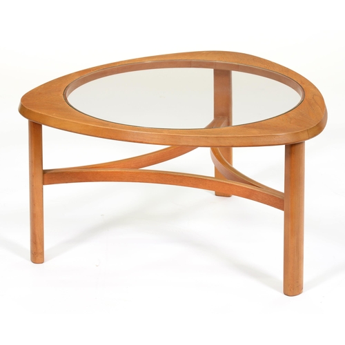 876 - A teak coffee table, c1960, with round plate glass inset top, 43cm h; 76cm diam