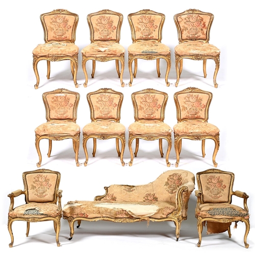 964 - A suite of French giltwood seat furniture, 19th c, in Louis XV style, in contemporary floral tapestr... 