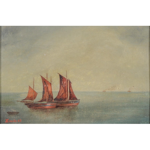 813 - English School, 19th c - Fishermen on the Shore, oil on board, 11 x 16cm and three various other pic... 