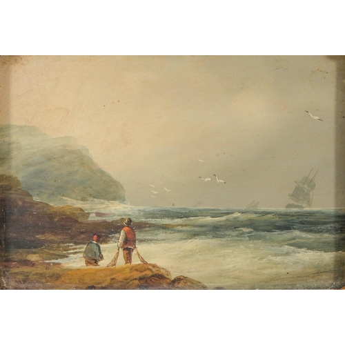 813 - English School, 19th c - Fishermen on the Shore, oil on board, 11 x 16cm and three various other pic... 