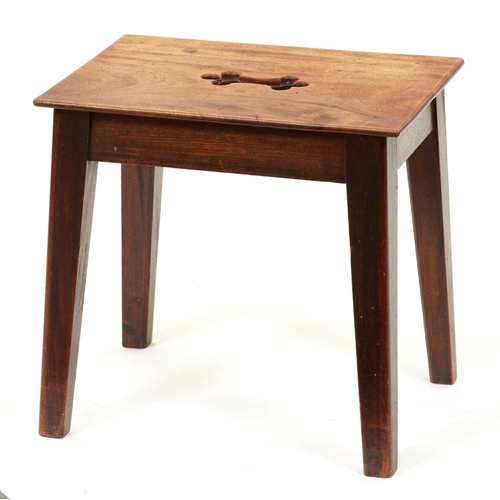 1007 - A fruitwood stool, the rectangular seat with hand hole on slightly splayed legs, 41cm h; 31 x 4... 