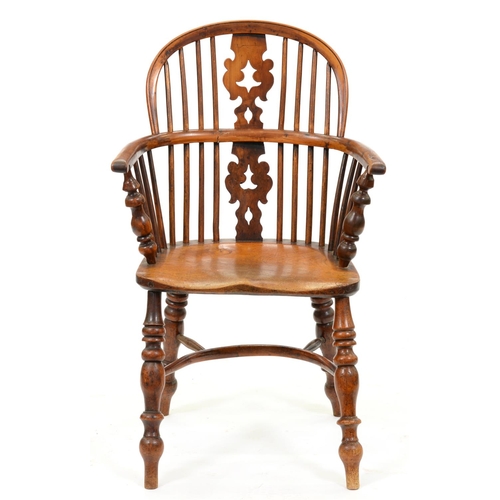 1030 - A Victorian yew wood and burr yew wood low back Windsor chair, North Nottinghamshire, with fretted '... 