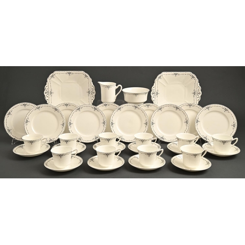 158 - A Shelley bone china black and white tea service, 1925, Doric shape, square plates 24cm over handles... 