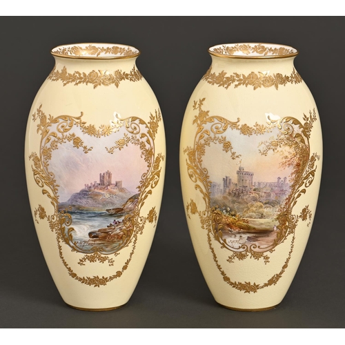 174 - A pair of Royal Doulton primrose ground bone china vases, 1902-1920, painted by J H Plant, both sign... 