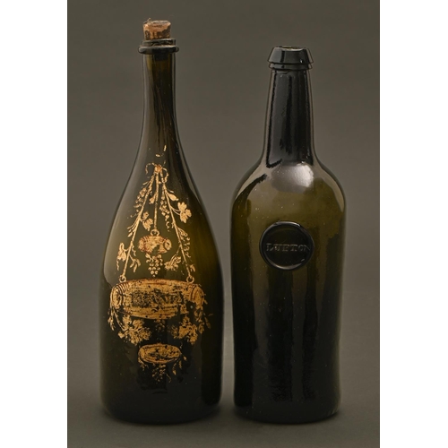 220 - An English glass cylinder wine bottle, LUPTON seal, early 19th c, sand pontil scar, 29cm h and a con... 