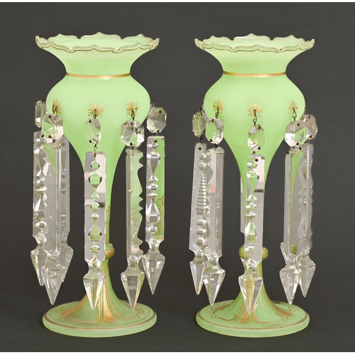 222 - A pair of French or Bohemian apple green glass lustres, c1870, hung with prismatic cut glass beads a... 