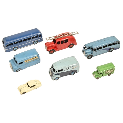 310 - Diecast Toys.  Three Dinky Morris, Bedford and other vans and two buses  and two Matchbox 1-75 Serie... 