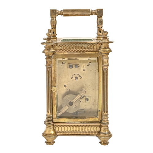 313 - A French brass carriage timepiece, c1900, with primrose enamel chapter ring and pierced gilt brass a... 