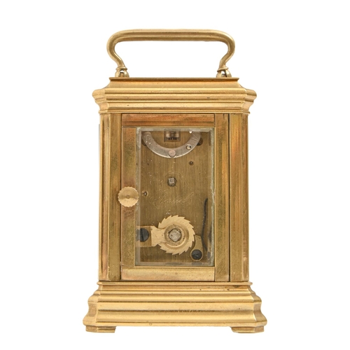 314 - A French brass miniature carriage timepiece, Mignonette, early 20th c, 73mm h excluding handle... 