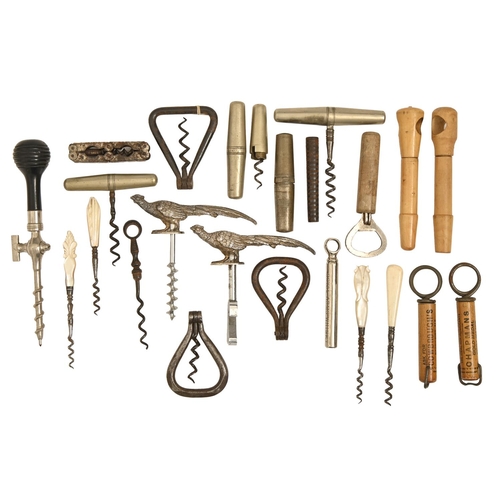 336 - Miscellaneous corkscrews, late 19th and early 20th c, to include roundlets, single finger, sheathed ... 