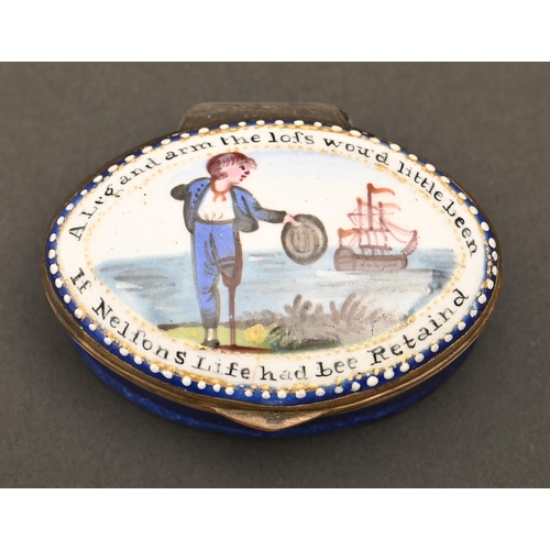 351 - A South Staffordshire enamel patch box, early 19th c, painted with a mournful midshipman circumscrib... 