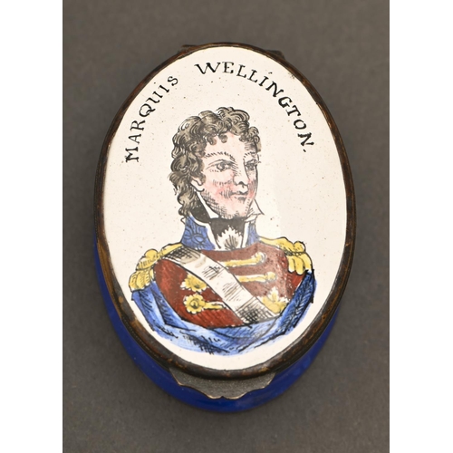 352 - An oval enamel bonbonniere, 19th / early 20th c, transfer printed and painted with MARQUIS WELLINGTO... 