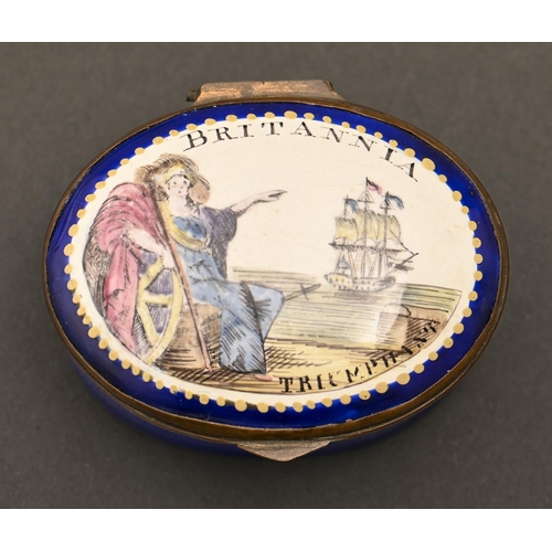 354 - A South Staffordshire enamel patch box, c1800, the lid transfer printed and painted in polychrome wi... 