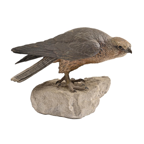 401 - A Viennese cold painted bronze sculpture of a Merlin, Bergman foundry, early 20th c, on rough hewn s... 