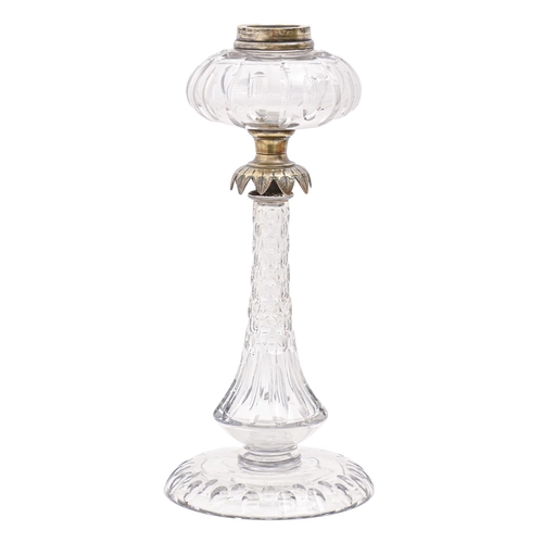 413 - A Victorian brass mounted cut glass oil lamp, 42cm h