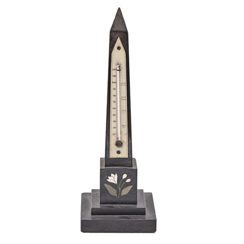 426 - A Victorian Ashford black marble obelisk thermometer, the base inlaid with flower, 26cm h... 