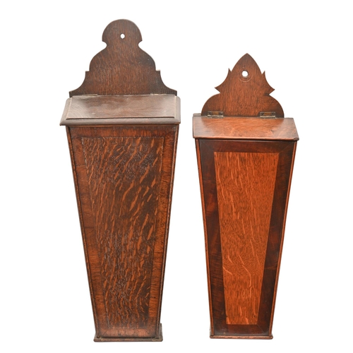 440 - Two oak and crossbanded wall hanging candle boxes, 19th c, 46 and 53.5cm h