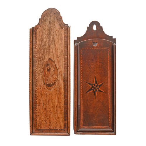 441 - Two George III wall hanging sliding-front candle boxes, one of fruitwood, the other oak, each with s... 