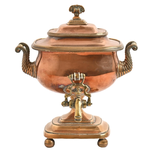 452 - A Regency copper and brass tea urn and cover, of oblong form with turned ivory handles, 20cm h, orig... 