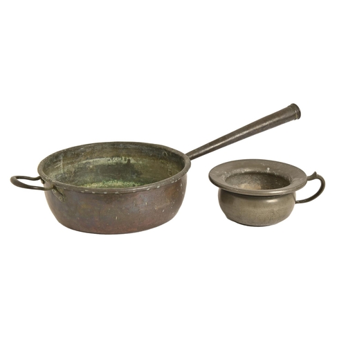 508 - A Victorian copper saucepan, with conical handle, 82cm l and a Victorian pewter chamber pot, pseudo ... 