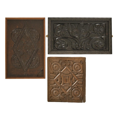 521 - A Jacobean oak architectural panel, 17th c, carved in relief with an alternating geometric design of... 