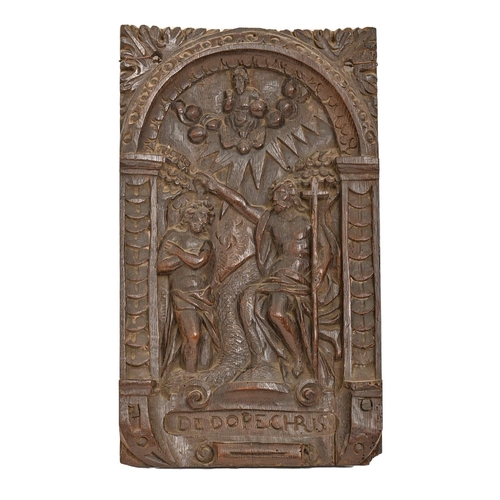 533 - A Flemish oak ecclesiastical panel, 17th c, carved with the Baptism of Christ, within a scrolli... 