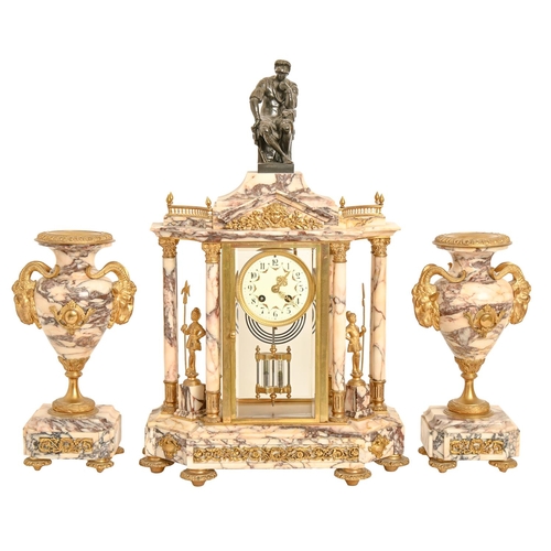 542 - A French ormolu mounted breccia marble garniture de cheminee, c1900, the four glass pavilion clock w... 