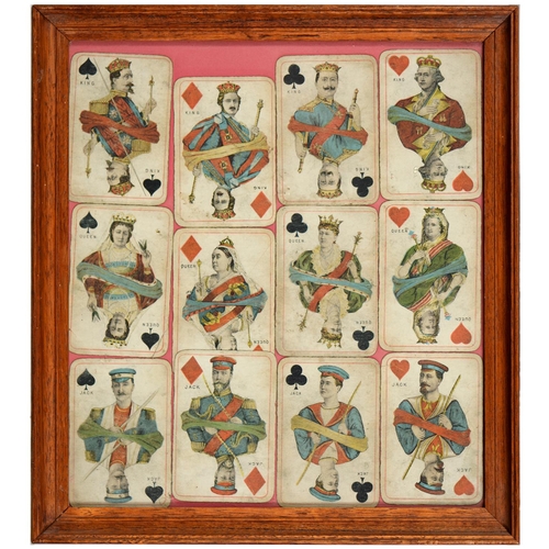 555 - Twelve 19th c colour printed playing cards, framed and another item (2)