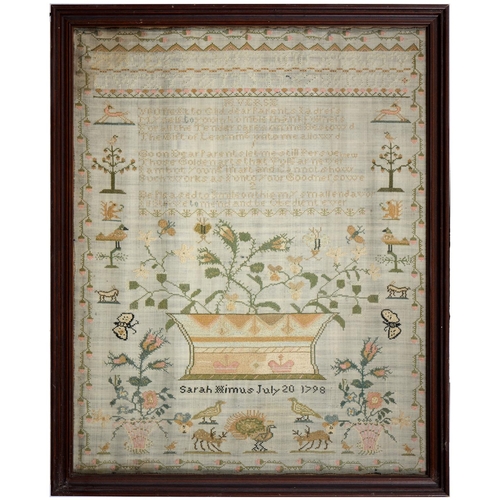 558 - A George III linen sampler, by Sarah Himus July 20 1798, worked with a flower filled jardiniere flan... 