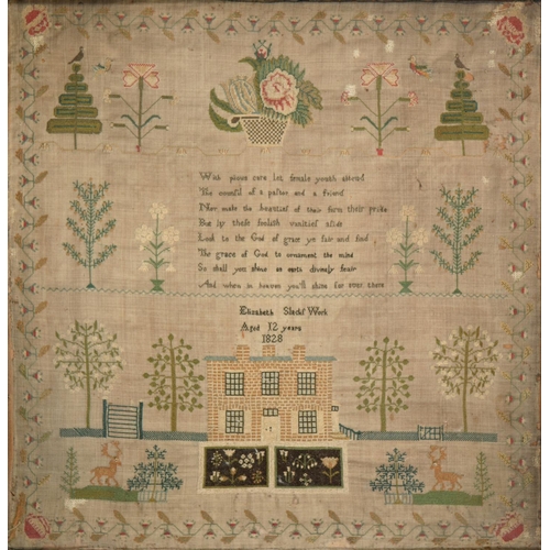 559 - A George IV linen sampler, Elizabeth Slackswork aged 12 years 1828, worked with house with two flowe... 