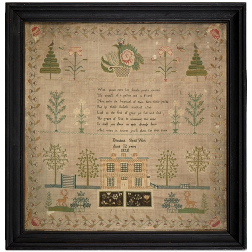 559 - A George IV linen sampler, Elizabeth Slackswork aged 12 years 1828, worked with house with two flowe... 