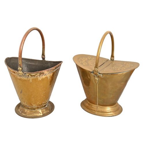 562 - An Edwardian brass twin lidded coal box, with swing handle and another, 48cm h and circa... 