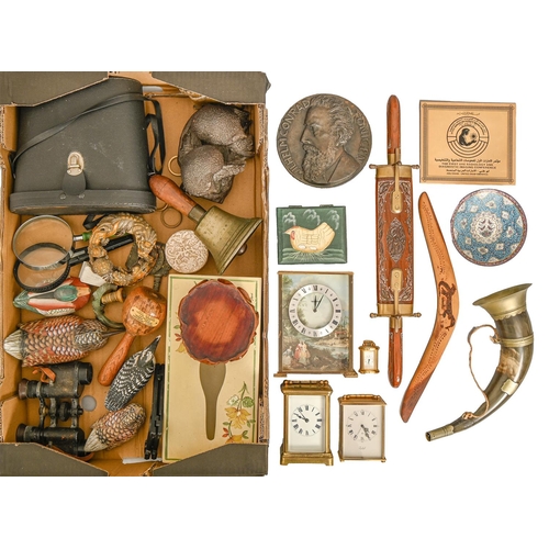 566 - A French brass carriage clock and miscellaneous other items, including binoculars, a Chinese hardwoo... 