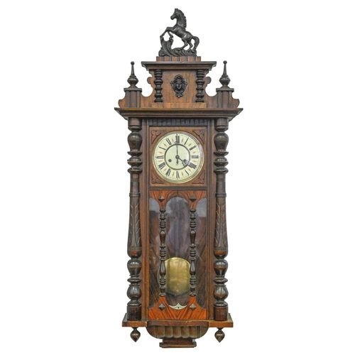 569 - A walnut Vienna wall clock, c1900, pendulum, 110cm h