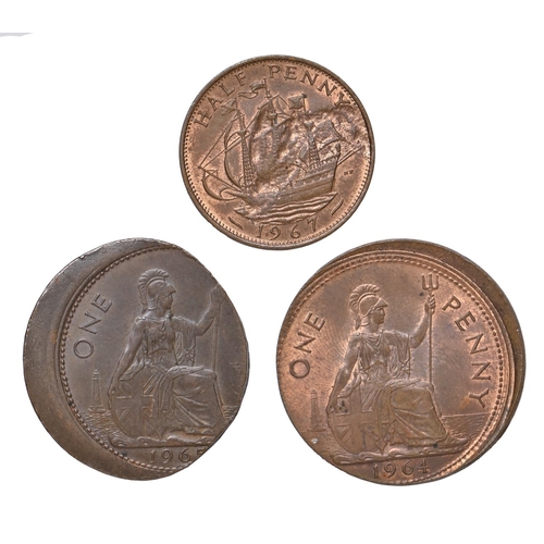 63 - Miss-struck Coinage, Pennies, 1964, spectacularly off-centre, irregular flan 9.6gm, lustrous EF; 196... 