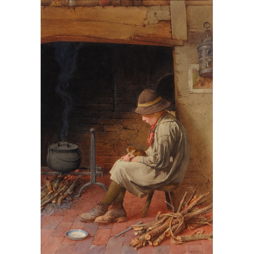 709 - Charles Edward Wilson (1853-1941) - A Boy and a Kitten at a Cottage Hearth,  signed, watercolou... 