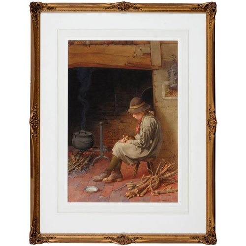 709 - Charles Edward Wilson (1853-1941) - A Boy and a Kitten at a Cottage Hearth,  signed, watercolou... 