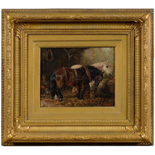 715 - Albert Clark (1843-1892) - Shire Horses in a Stable, signed (in red), oil on canvas, 19.5 x 24.... 