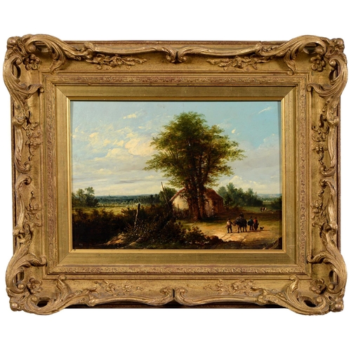 716 - English School, 19th century - Extensive Landscape with Figures and their Animals, oil on panel... 