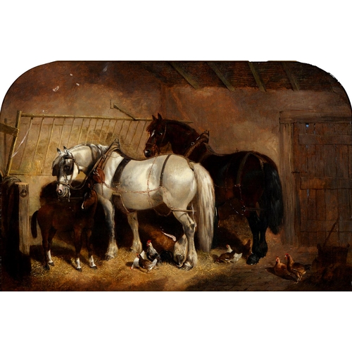 720 - John Frederick Herring the Younger (1820-1907) - Shire Horses with a Foal and Hens in a Stable, ... 